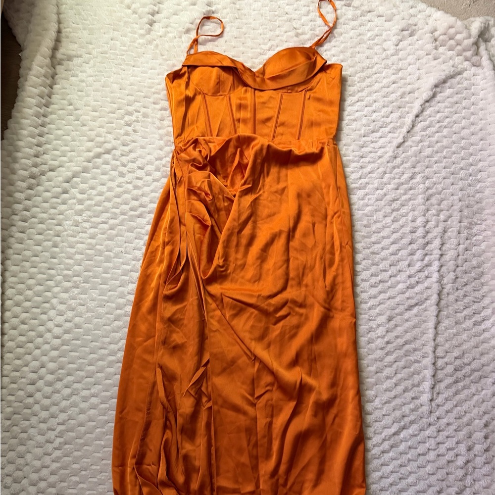 Elayna Orange Strappy Satin Corset High Slit Gown